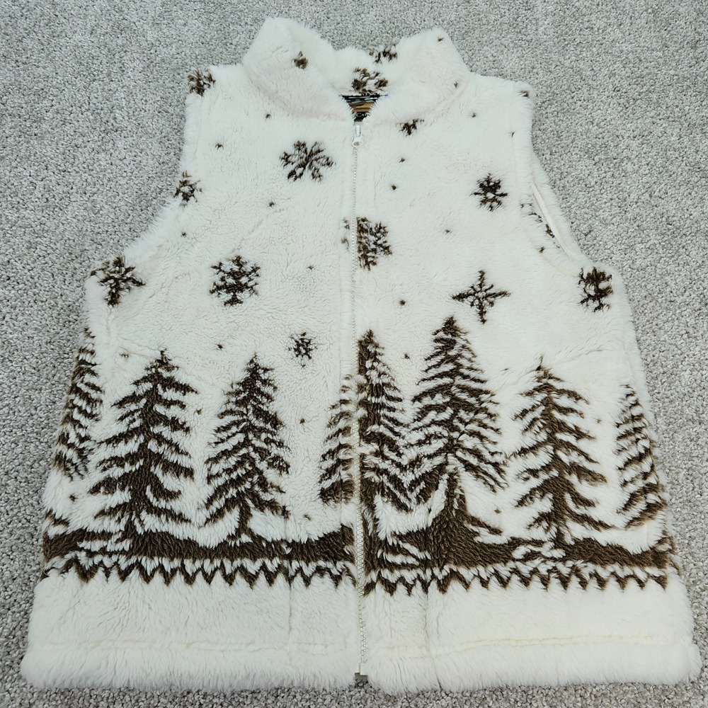 Vintage Cobblestone Canyon‎ Fleece Vest Women Small Cream Brown Trees Zip
Up USA